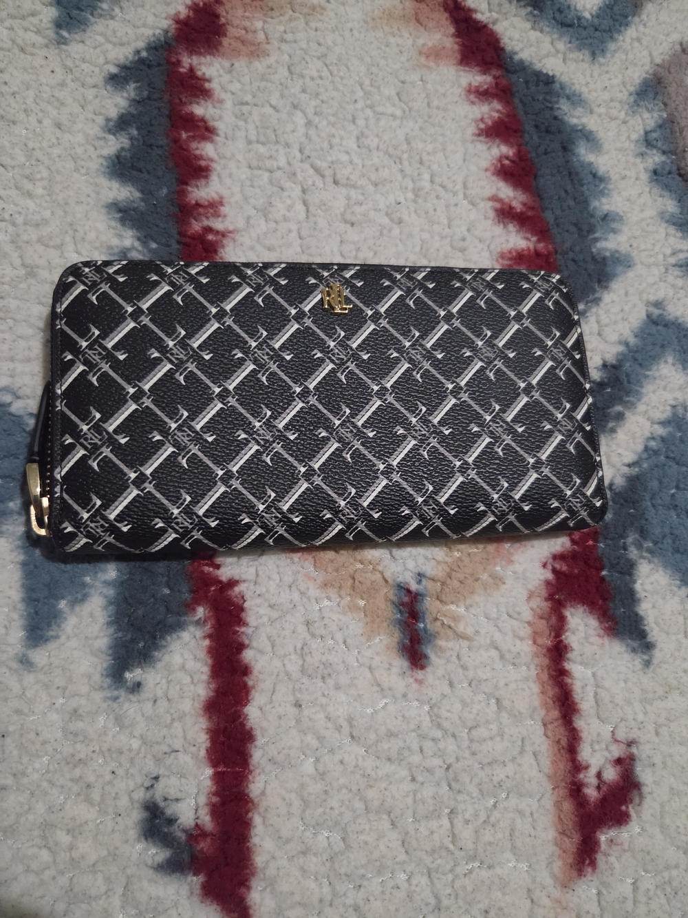 Black and white Lauren Ralph Lauren Coated Canvas Zip Continental Wallet
